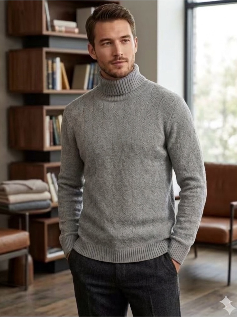 Richmond Men's Gray Cable-Knit Turtleneck Sweater